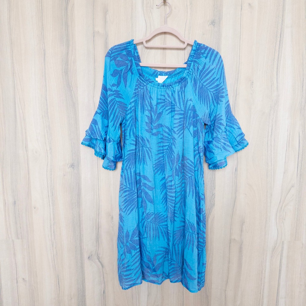 Naif Boho Dress Medium Blue Tropical Print Flowy Bell Sleeve Beach Resort Summer